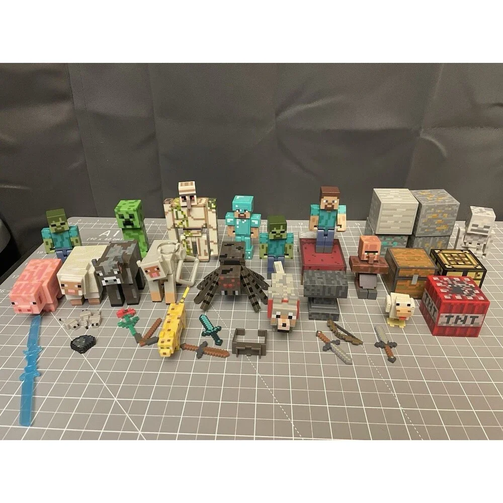 Minecraft Figures Lot Of 38 Animals Blocks Bed Weapons Jazwares Mojang